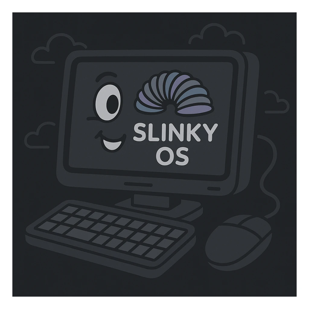 Show the Slinky Operating System interface in dark mode, maintaining a playful and imaginative style with vibrant and fun elements. sticker