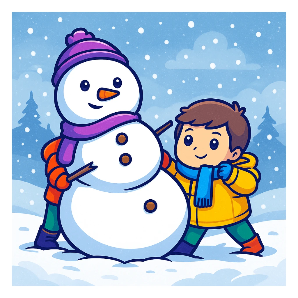 Add a snowy background behind the kids building a snowman, keep the original sticker style sticker
