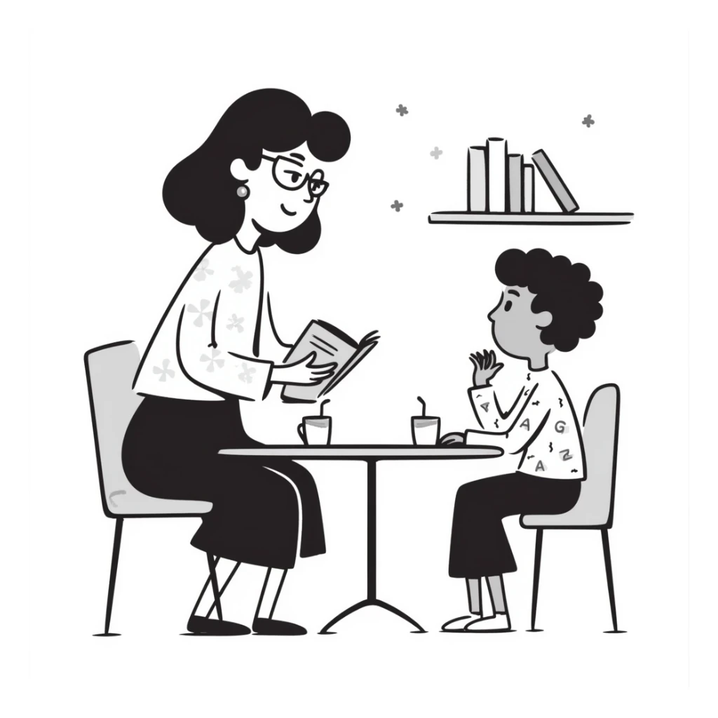 educator or speech therapist with child, who helps child with lessons sticker