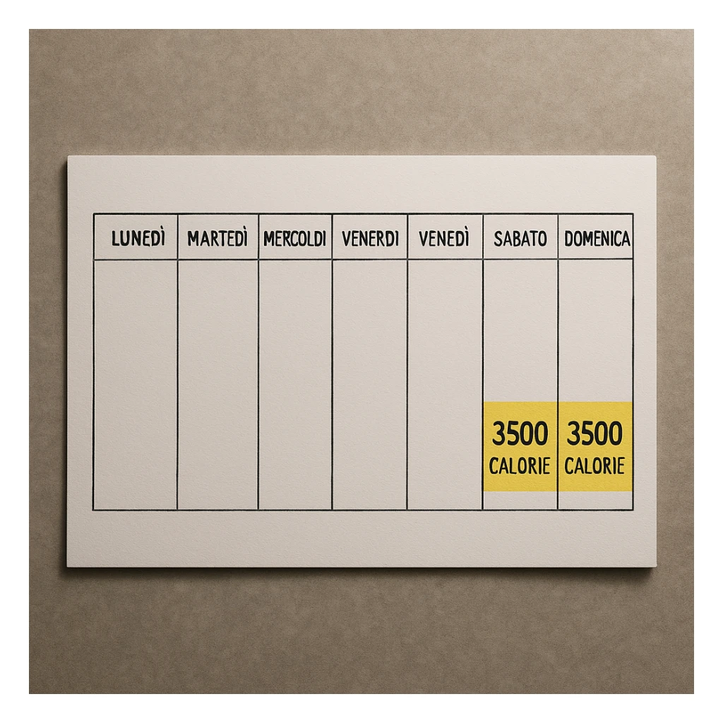 Hyperrealistic top-down view of a weekly calendar in Italian, showing days from Monday to Sunday. Only Saturday and Sunday have the text '3500 calorie' highlighted with a yellow background below, with no red circle on Friday. 4K details, desk atmosphere. sticker