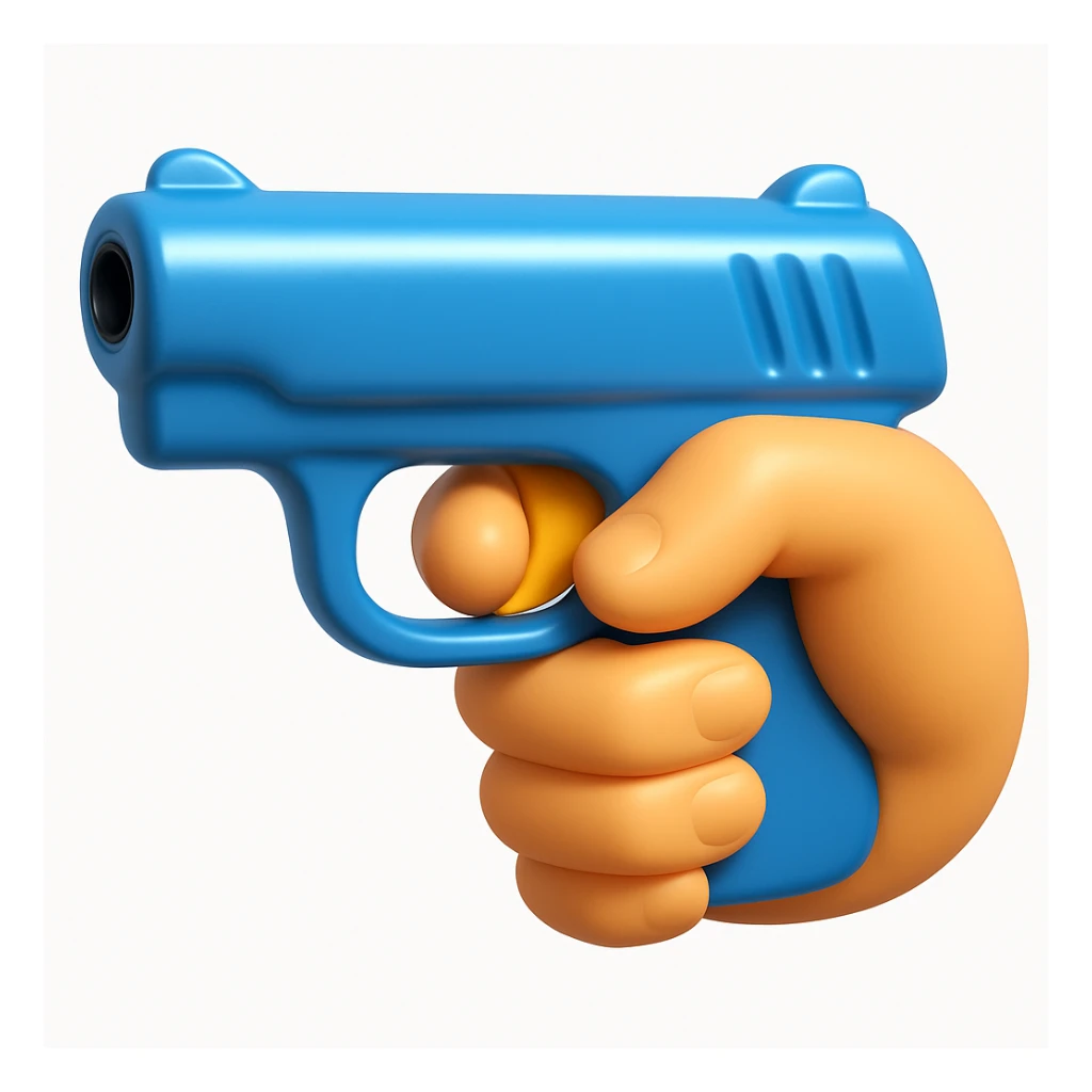 A 3D iOS emoji-style close-up of an index finger pulling a pistol's trigger, showing only the hand and the trigger area inside the trigger guard; stylized, non-realistic toy-pistol look, glossy Apple-style finish, clean white background.
 sticker