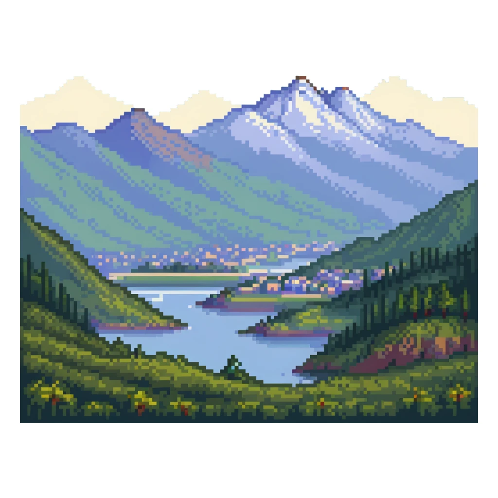 landscape of Nalchik with mountains in the background in pixel art style sticker