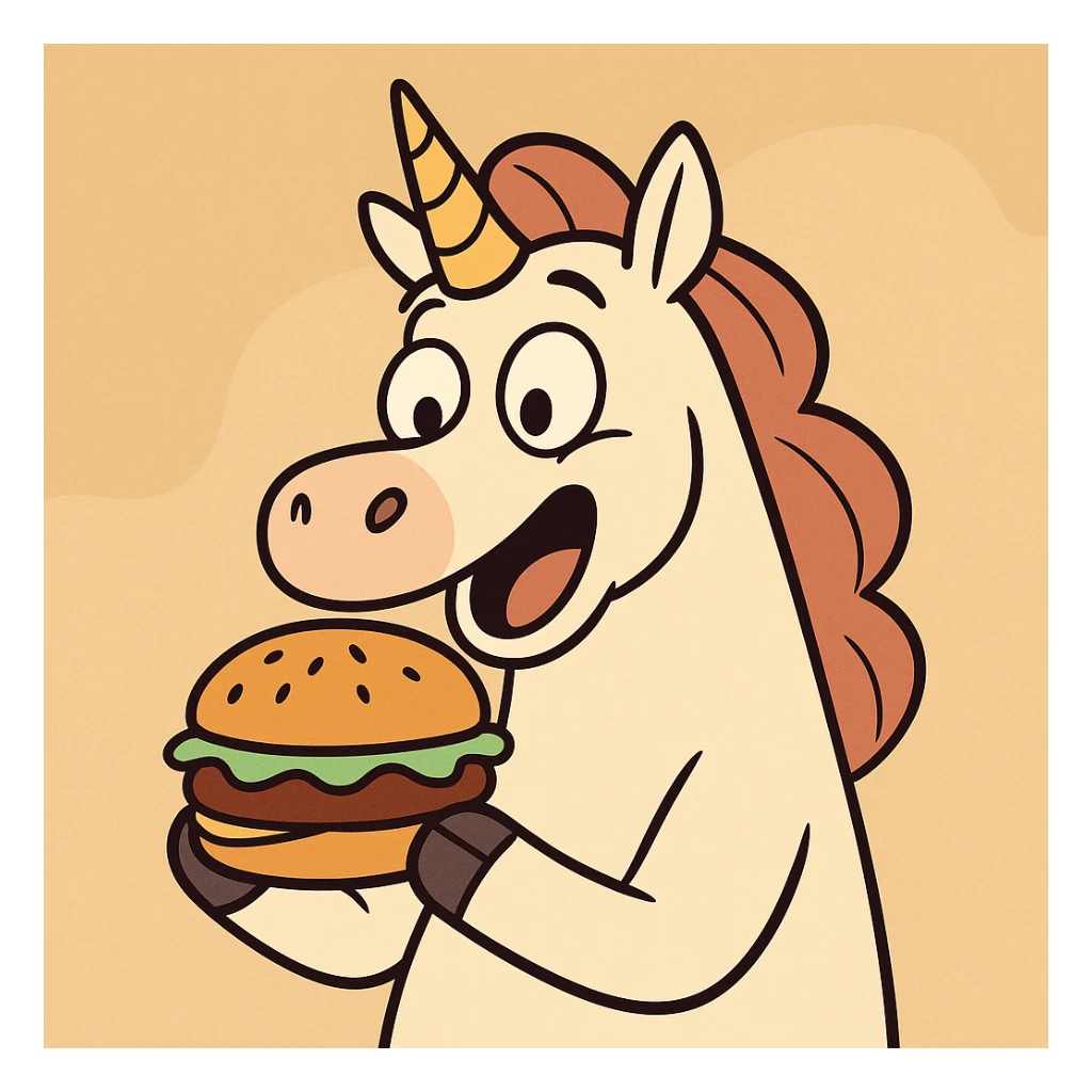 unicorn with a hamburger, cartoon style, playful, flat toon style sticker