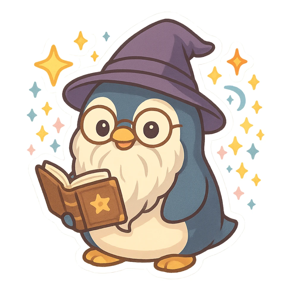 a cartoon penguin wizard with glasses, a long beard, and a spellbook, surrounded by magical effects sticker
