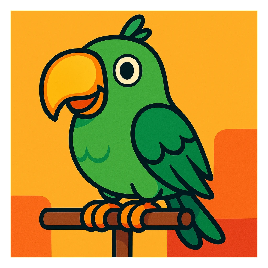 chimelo, a cute green parrot with a big beak, sitting on a perch, in a fun and friendly style sticker