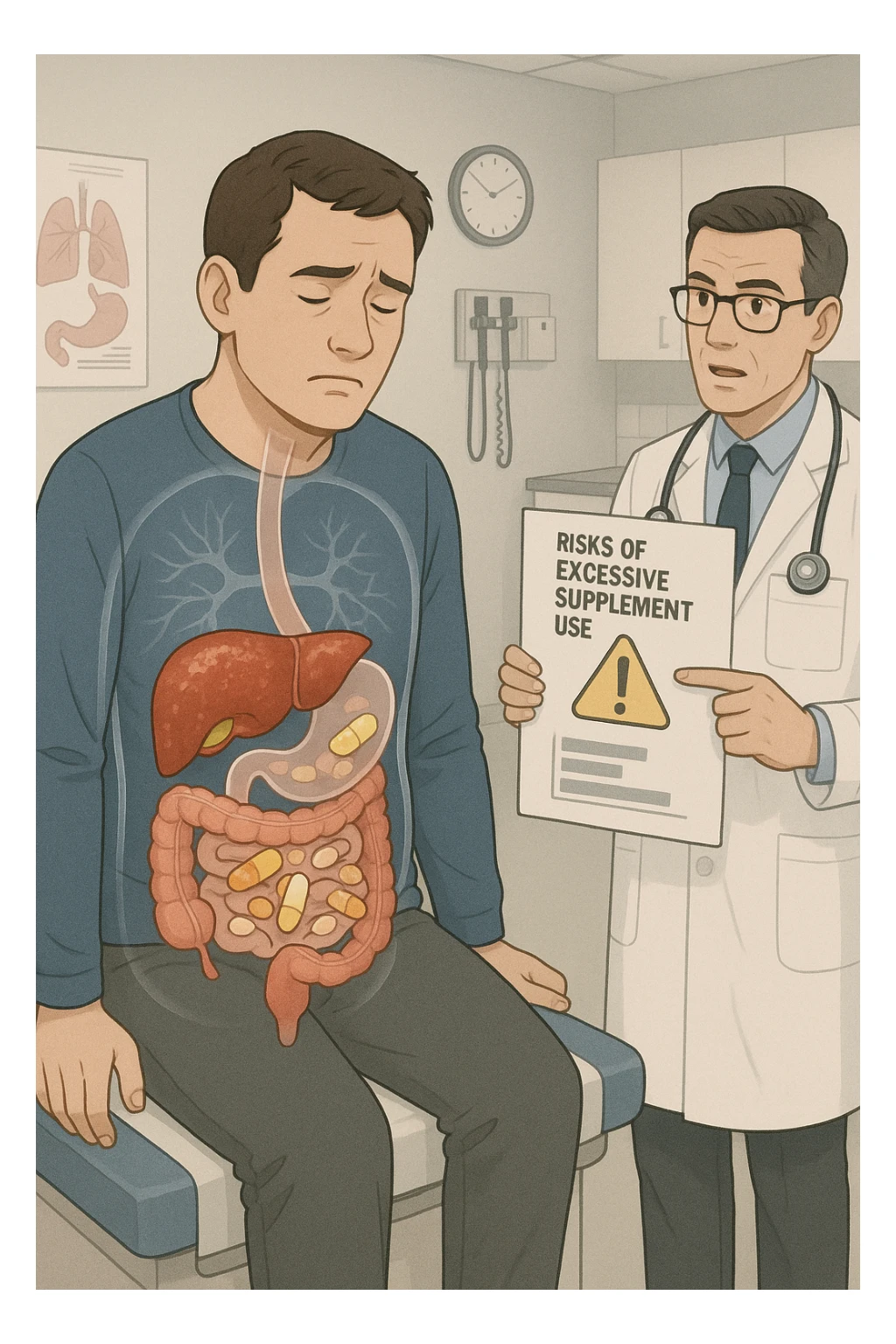 a man sits on a doctor’s examination table, looking fatigued and uncomfortable. A transparent anatomical overlay reveals his liver and intestines, both appearing inflamed and congested, with stylized supplement capsules and pills scattered throughout the digestive tract. The doctor stands nearby, holding a chart that highlights the risks of excessive supplement use. The mood is clinical and educational. sticker