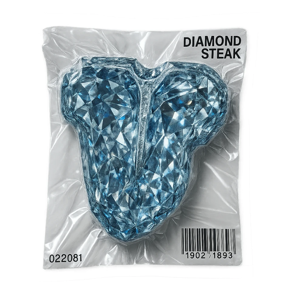 meat steak made of diamond, glossy and puffy, vacuum-sealed style sticker