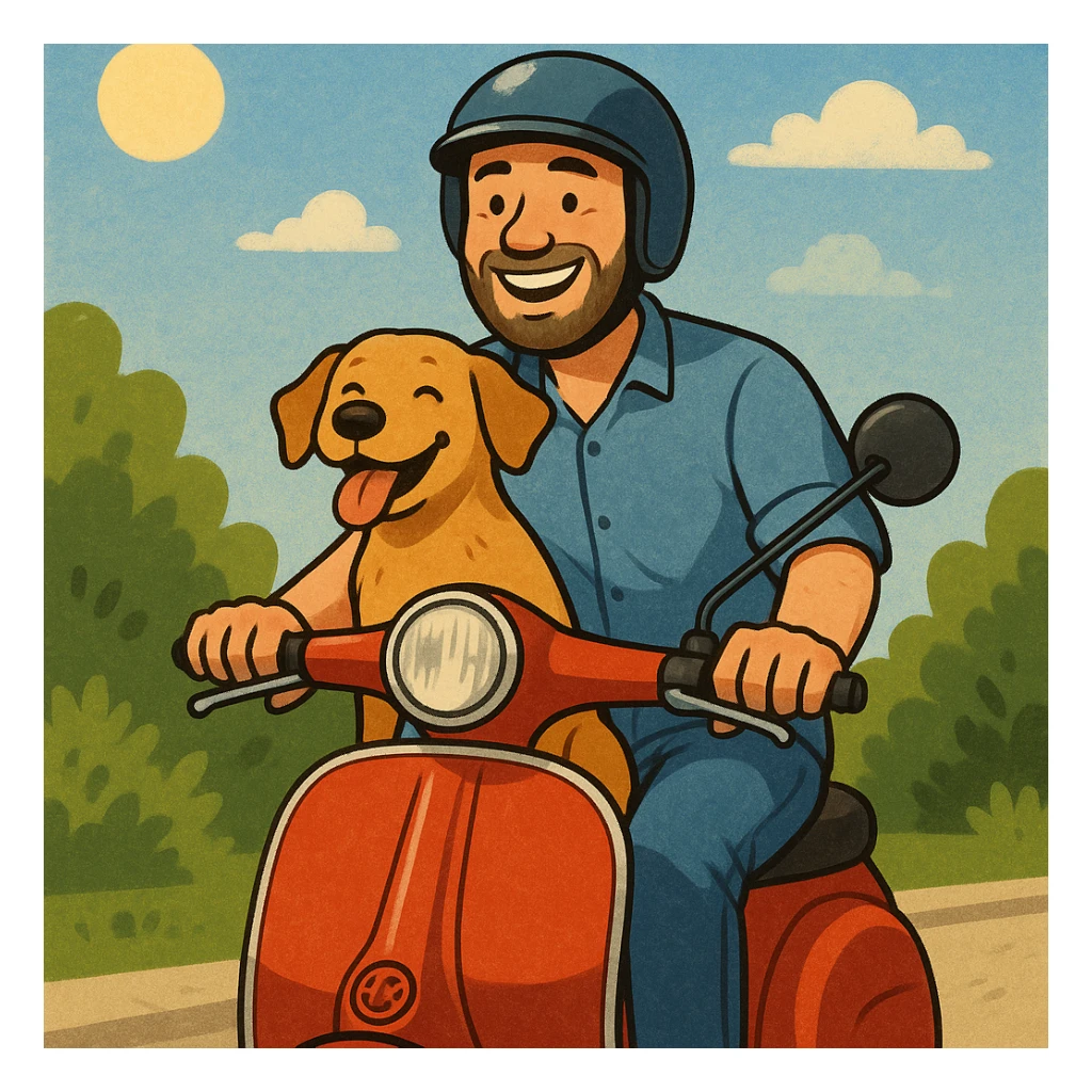 man and his pet dog riding a vespa sticker