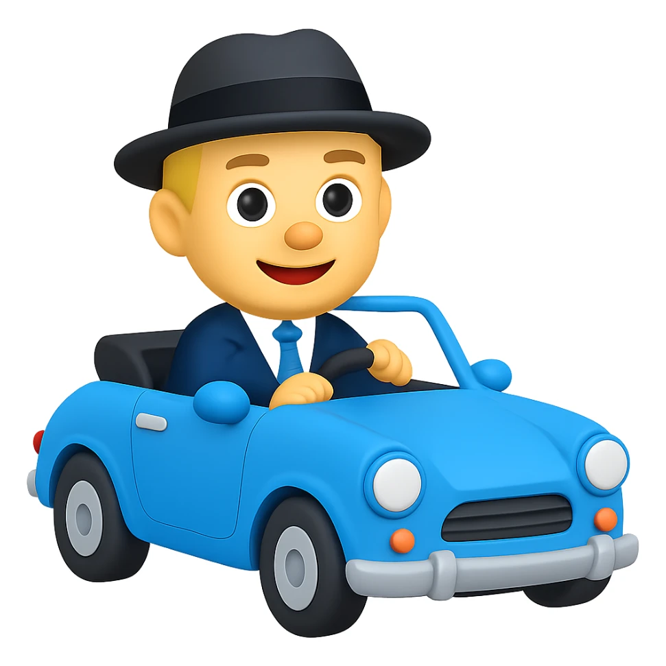 Accountant in blue car drive to Lipetsk, with a hat, emoji style sticker