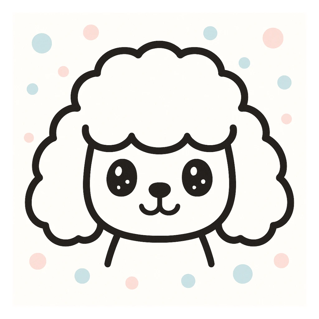 minimalist kawaii poodle dog head: large, fluffy, round head, puffy curly ears hanging down, very simple face with dot eyes, small round nose, upside-down 'Y' mouth. thick, bold, clean black lines, white background, no color or shading. calm, sweet, symmetrical, child-friendly, hand-drawn but polished look. sticker