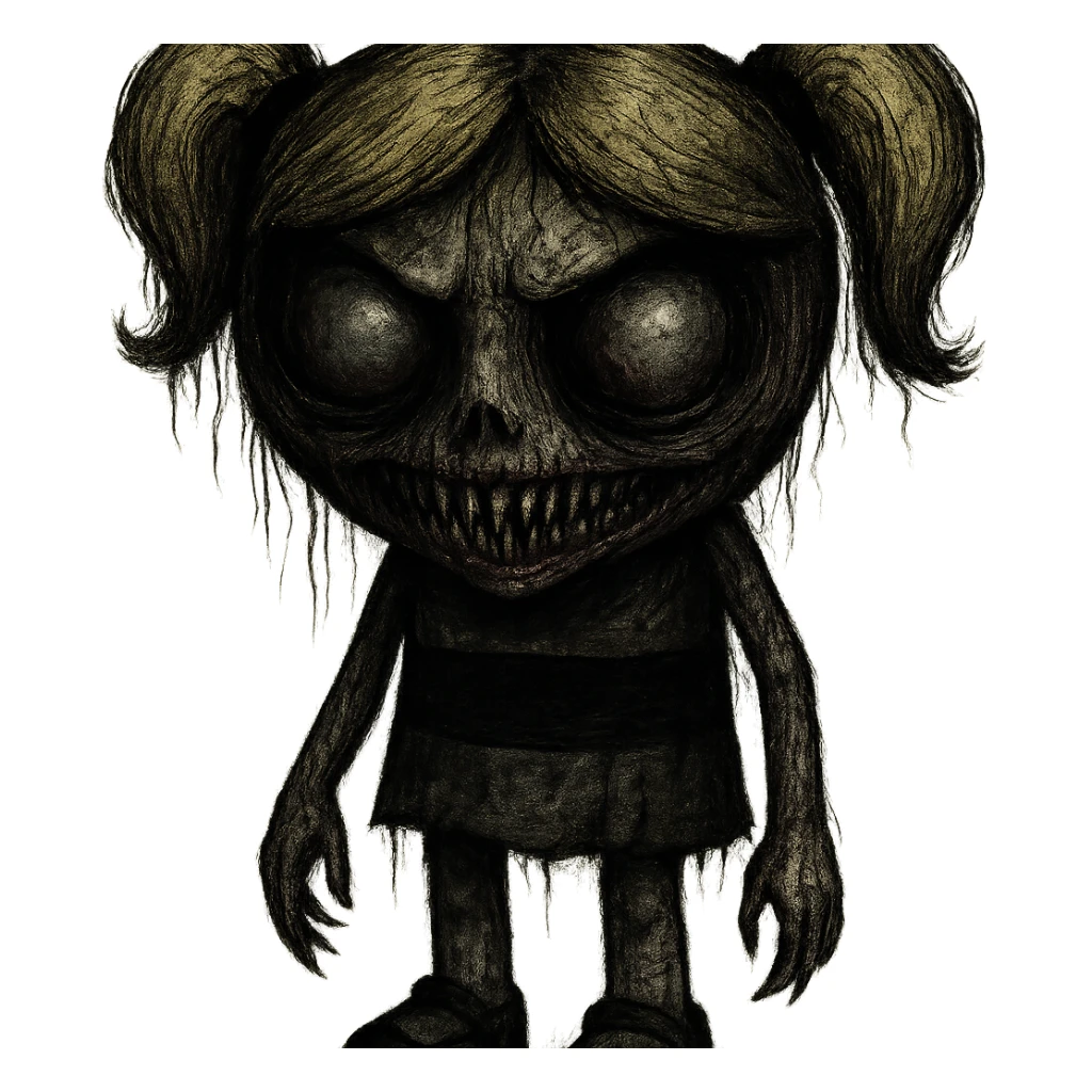 Bubbles from Powerpuff Girls, reimagined in a scary, horror-inspired style, with unsettling features and a creepy vibe, dark and eerie atmosphere sticker