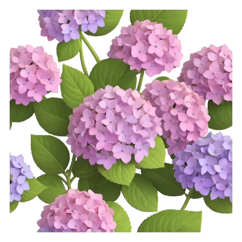 Highly detailed realistic hydrangea flower showing natural texture of many small flowers in a cluster, subtle color variations, and authentic leaf structure sticker