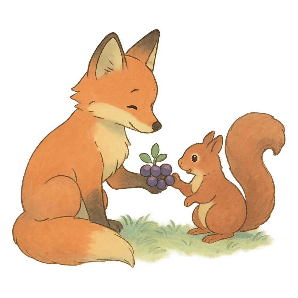 fox and squirrel sharing berries, forest friendship scene, soft pastel colors, ghibli style sticker