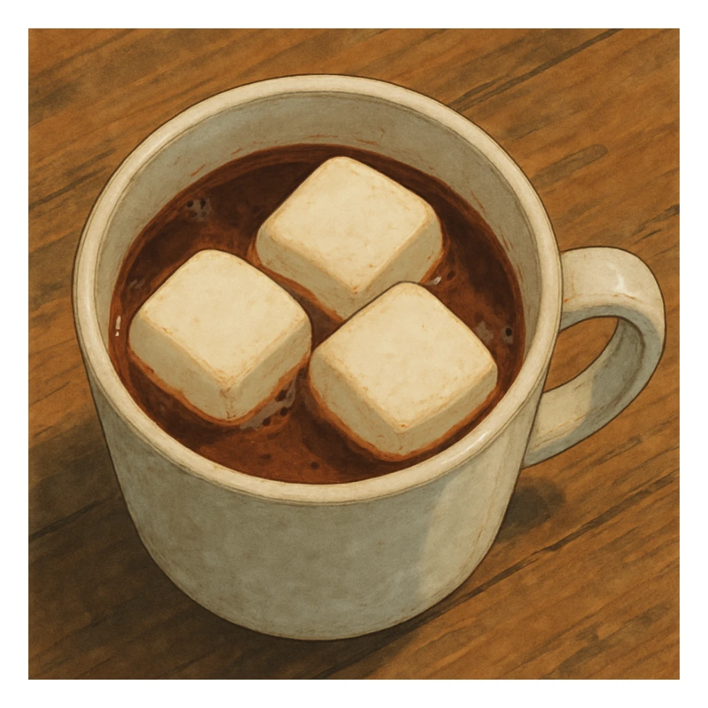 birds eye view of realistic hot chocolate white mug with three big marshmallows in it sticker
