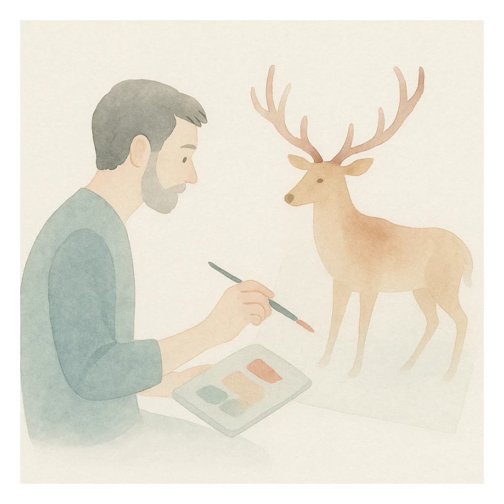 a man painting an elk, different artistic style, soft watercolor textures, gentle and fluid sticker