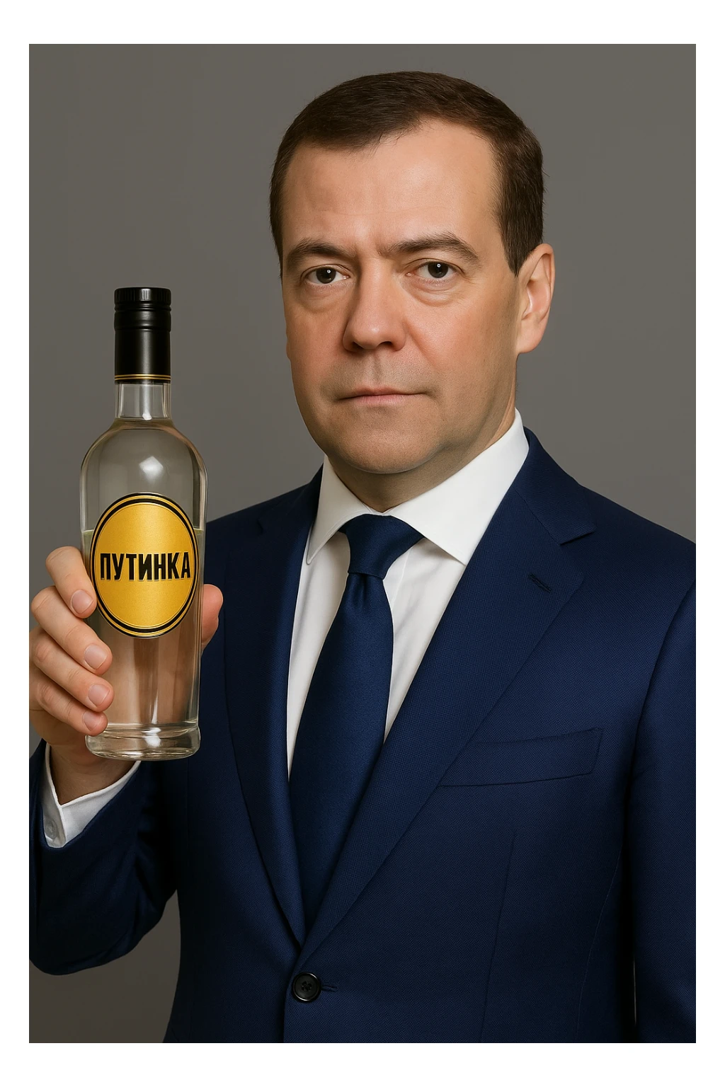 Сгенерируй мне этого человека (Дмитрия Медведева) в деловом костюме, в руках у него водка путинка (Пример прикрепил) sticker