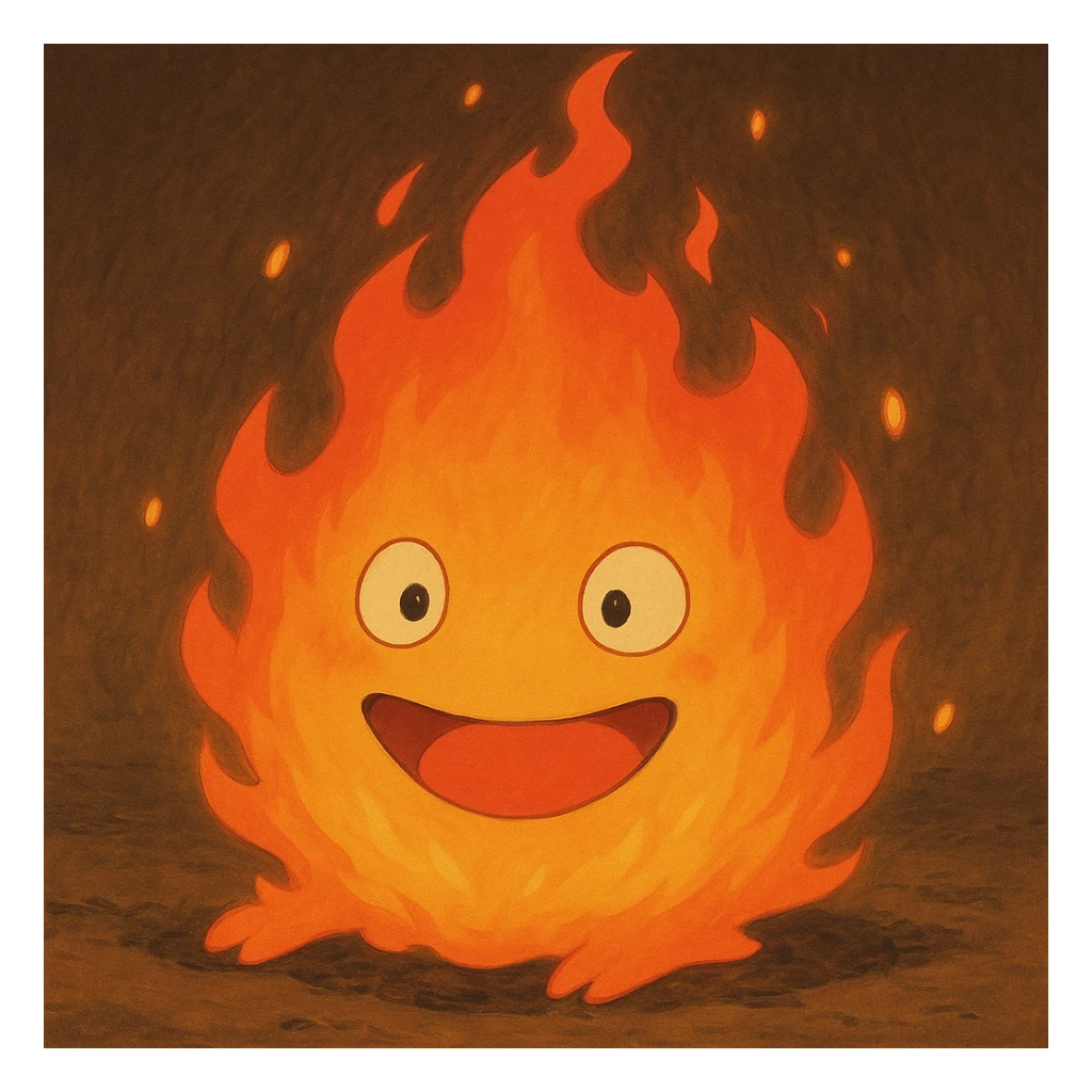 A whimsical, glowing fire demon resembling Calcifer from Howl's Moving Castle, with a playful expression and flickering flames, in Ghibli style sticker