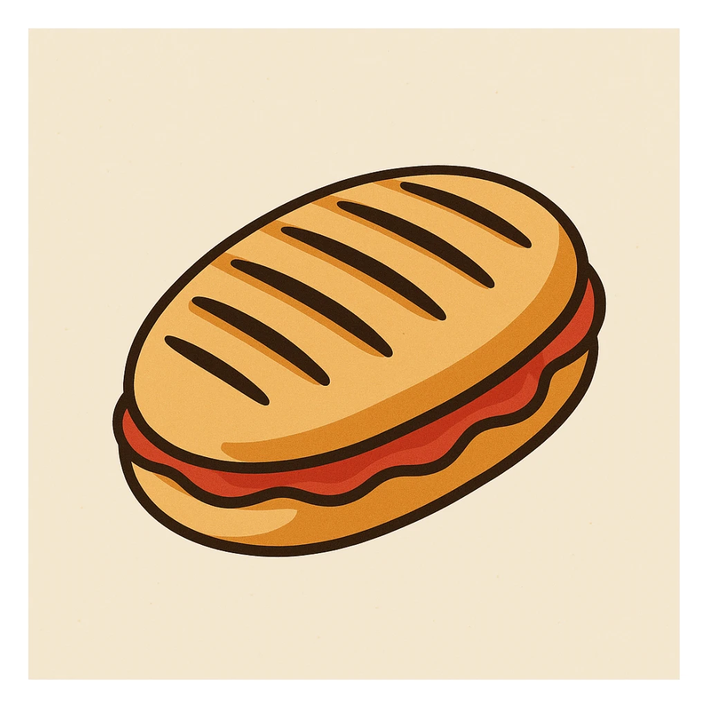 oval panini sandwich, red filling visible, stylized, minimal background sticker