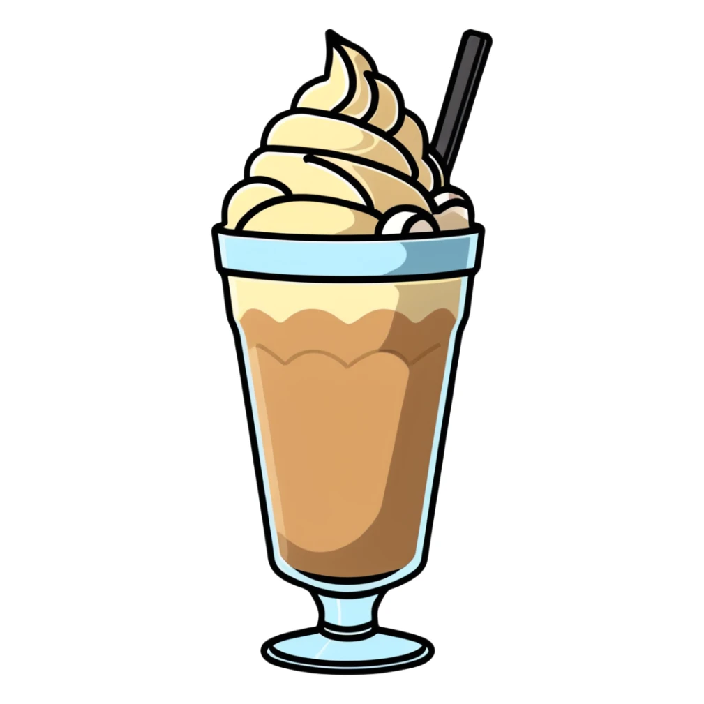 Cold coffee milkshake in a tall glass with ice cream on top sticker
