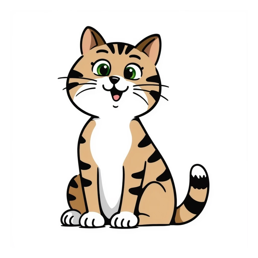 Brown, white, and black tabby cat with green eyes sitting to show its white belly, hand-drawn style sticker
