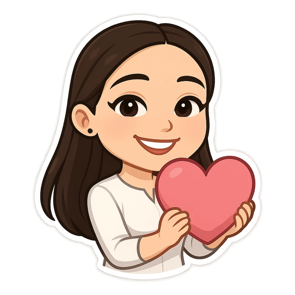 Create a chibi sticker of the girl from the reference image, holding a pink heart and smiling. She should have long hair as shown in variants 3, 4, and 5. The style should be 3D bitmoji chibi with a white outline and transparent background. sticker