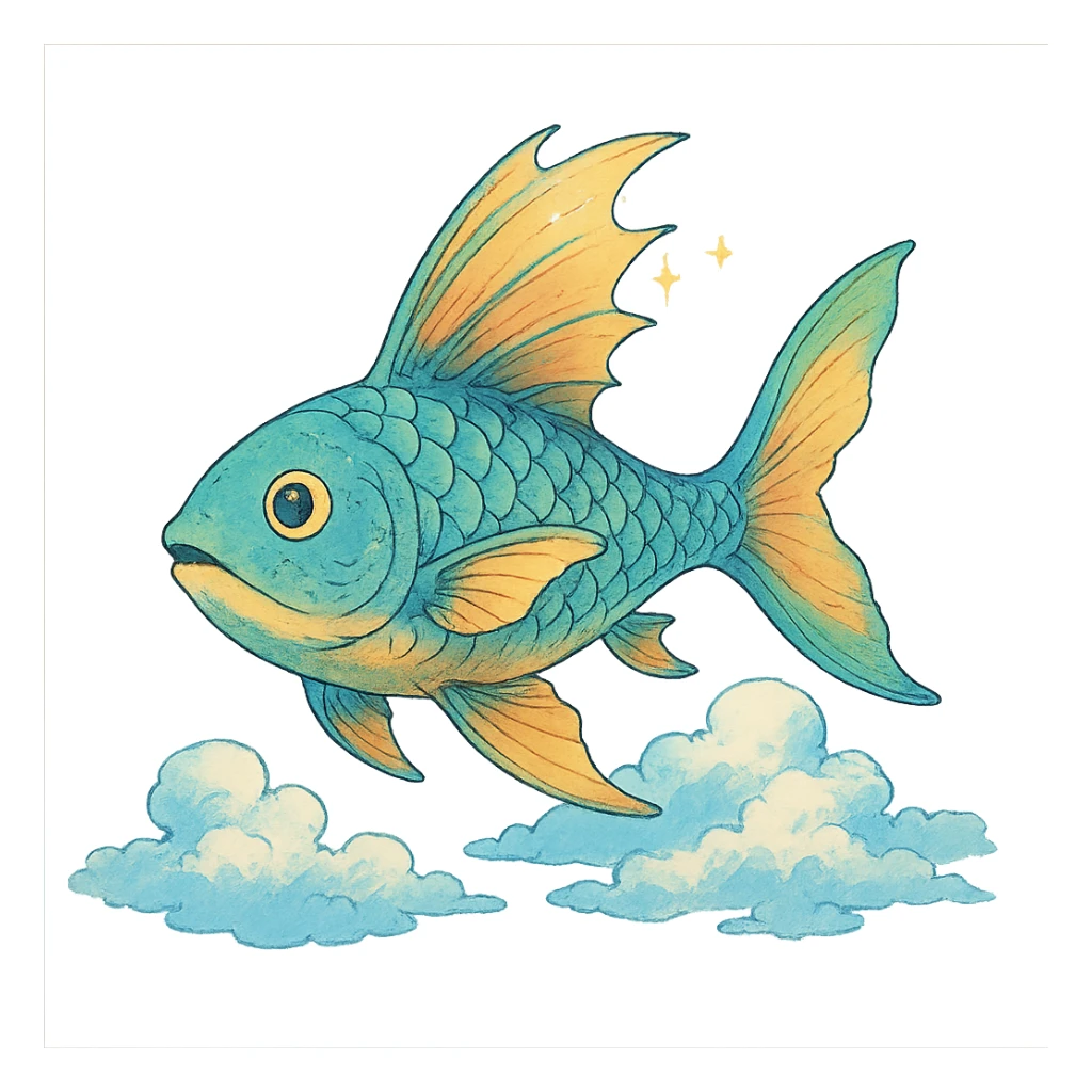 A magical flying fish soaring above the clouds, inspired by the fantasy elements from Castle in the Sky, in the style of Studio Ghibli. sticker