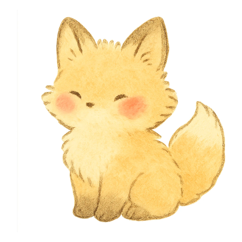 fluffy baby fox silhouette, Japanese soft pastel hand-drawn style, full object, transparent background, with blushing cheeks sticker