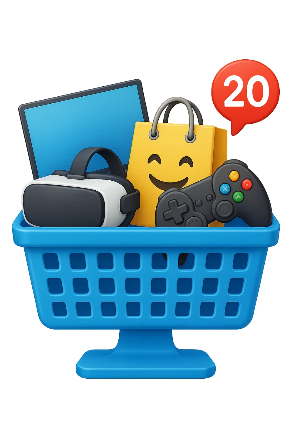 Create a high fidelity emoji style variant with smooth edges featuring a desktop monitor, a shopping basket showing tech items like a laptop, VR headset, and game controller instead of food, and an emoji shopping bag. The style should resemble emoji style with smooth edges and high detail. sticker