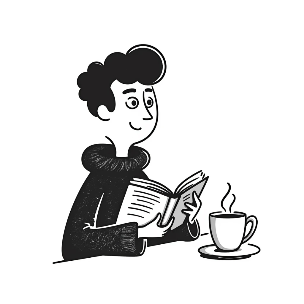 Chaucer reading and drinking tea, playful and sketchy, hand-drawn doodle style sticker