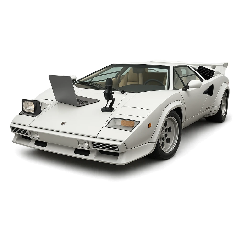 Lamborghini Countach with a laptop and recording microphone on the hood sticker