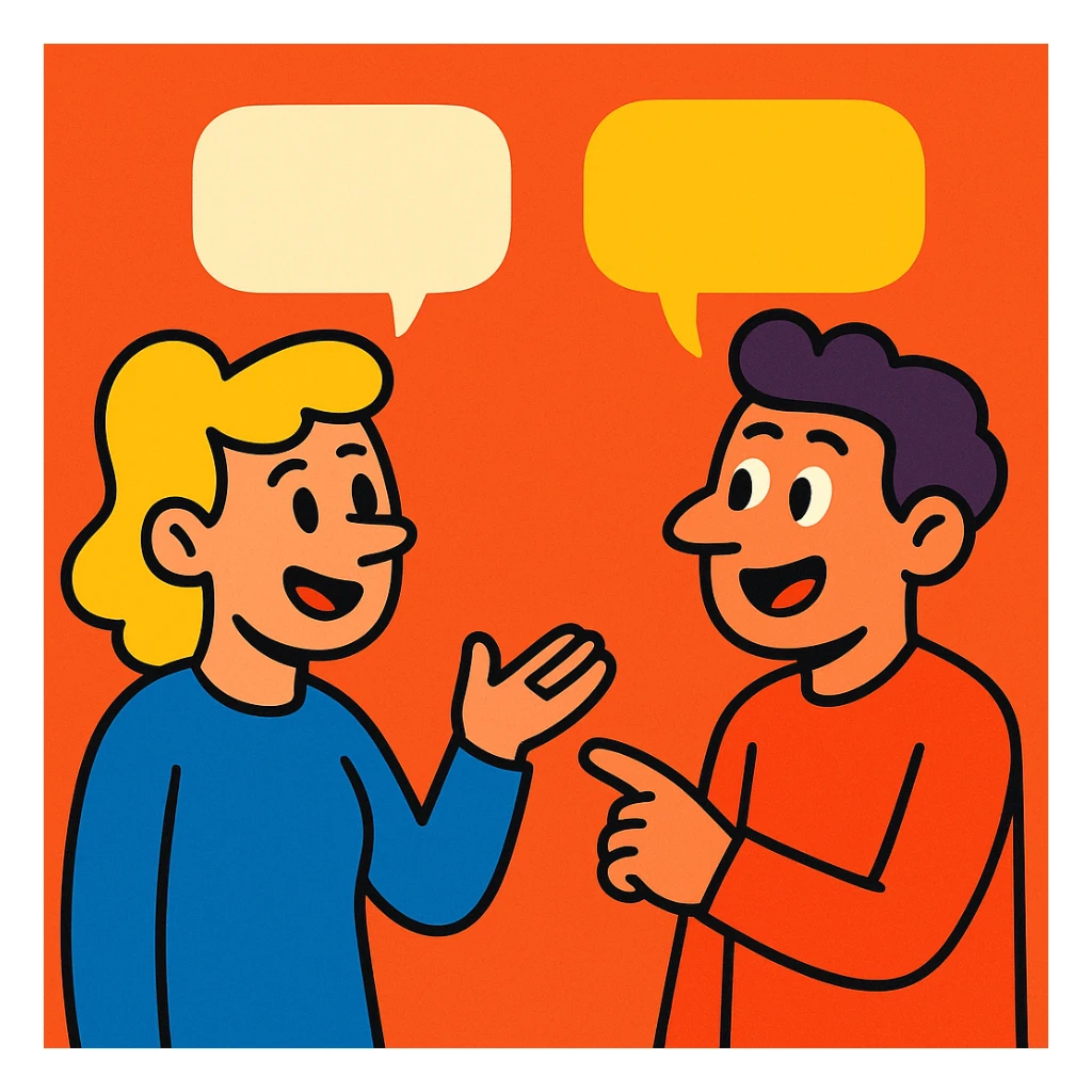 two people talking with dialog balloons, vibrant cartoon style sticker