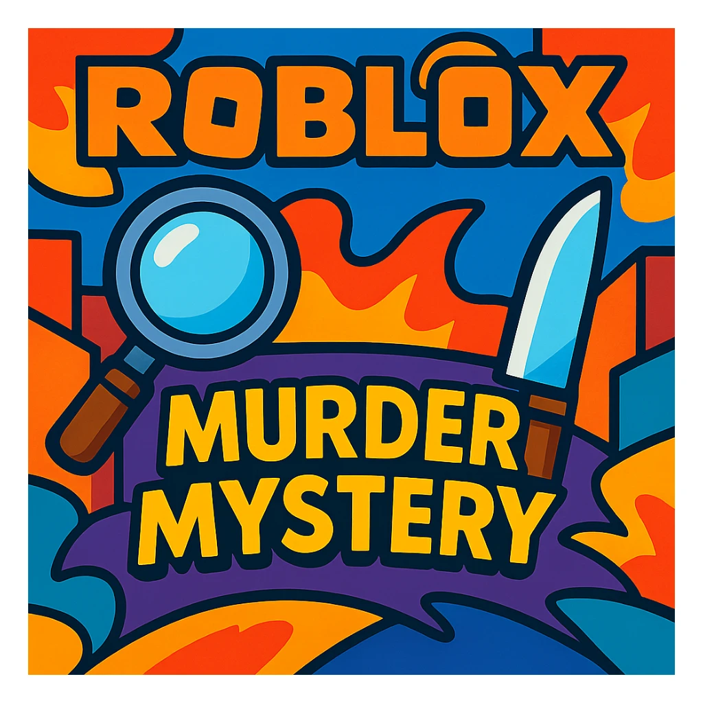 Roblox Murder Mystery logo with bold text, knife and magnifying glass, vibrant toon style sticker
