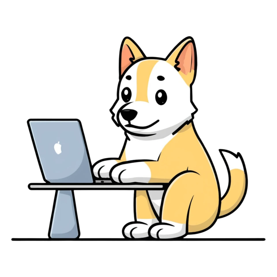 light-colored dog as a graphic designer, sitting at a computer, working on a design sticker