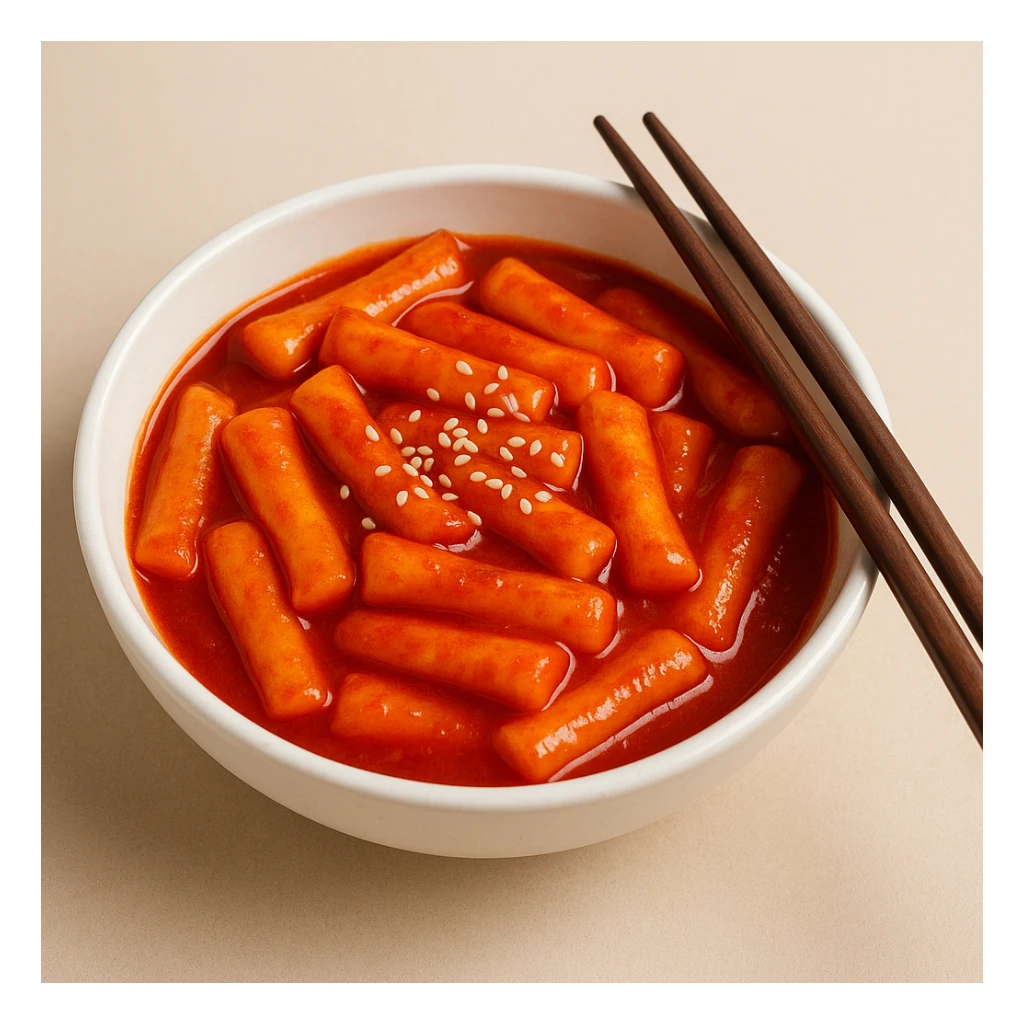 tteokbokki in a bowl, red sauce, chopsticks, simple background sticker