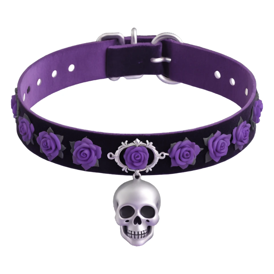gothic choker with deep amethyst velvet band, silver skull charm, black rose centerpiece, rich and gothic style sticker