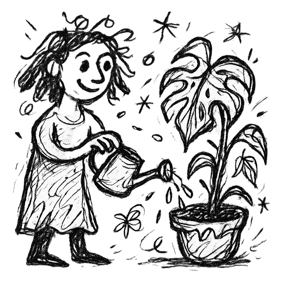 woman watering her monstera plant sticker