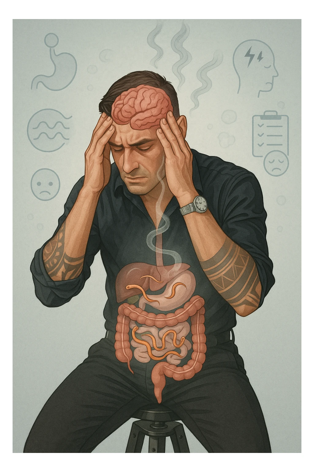 a person sits with a troubled expression, holding their head in their hands. A transparent overlay on their body reveals stylized images of parasites in the digestive tract, while faint, shadowy tendrils extend upward toward the brain, symbolizing the psychological impact. The background is clinical and educational, with subtle icons representing both physical and mental symptoms. sticker