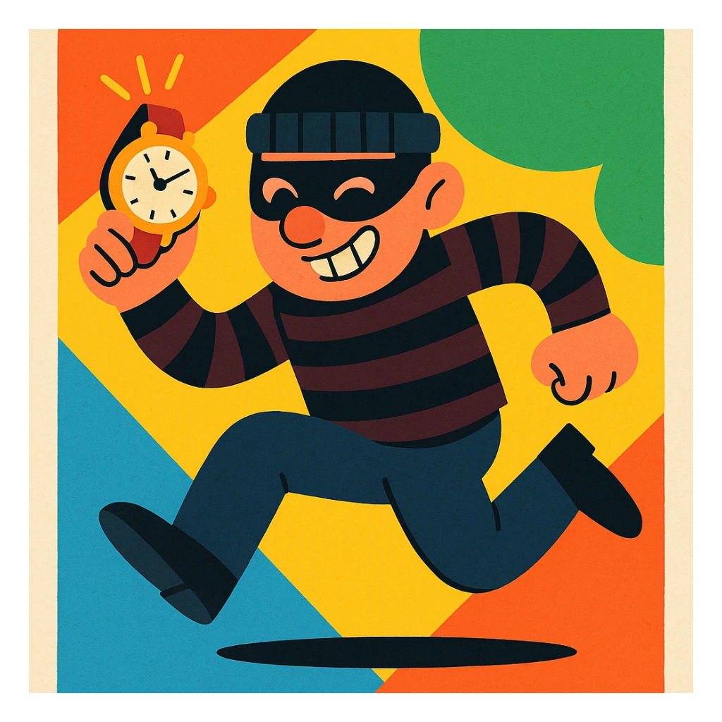 a cartoon thief with a stolen watch, vibrant toon style sticker