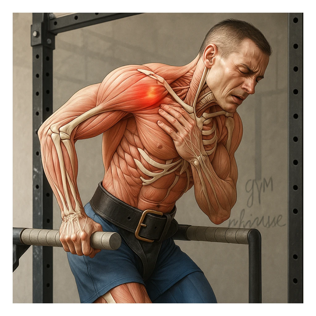 Hyperrealistic 4K anatomical illustration of a man performing a dip on parallel bars in a lateral position as in the reference image. Expression of discomfort, hand approaching the painful shoulder. Muscles and bones highlighted, painful area marked in red, gym atmosphere. Variant 3. sticker
