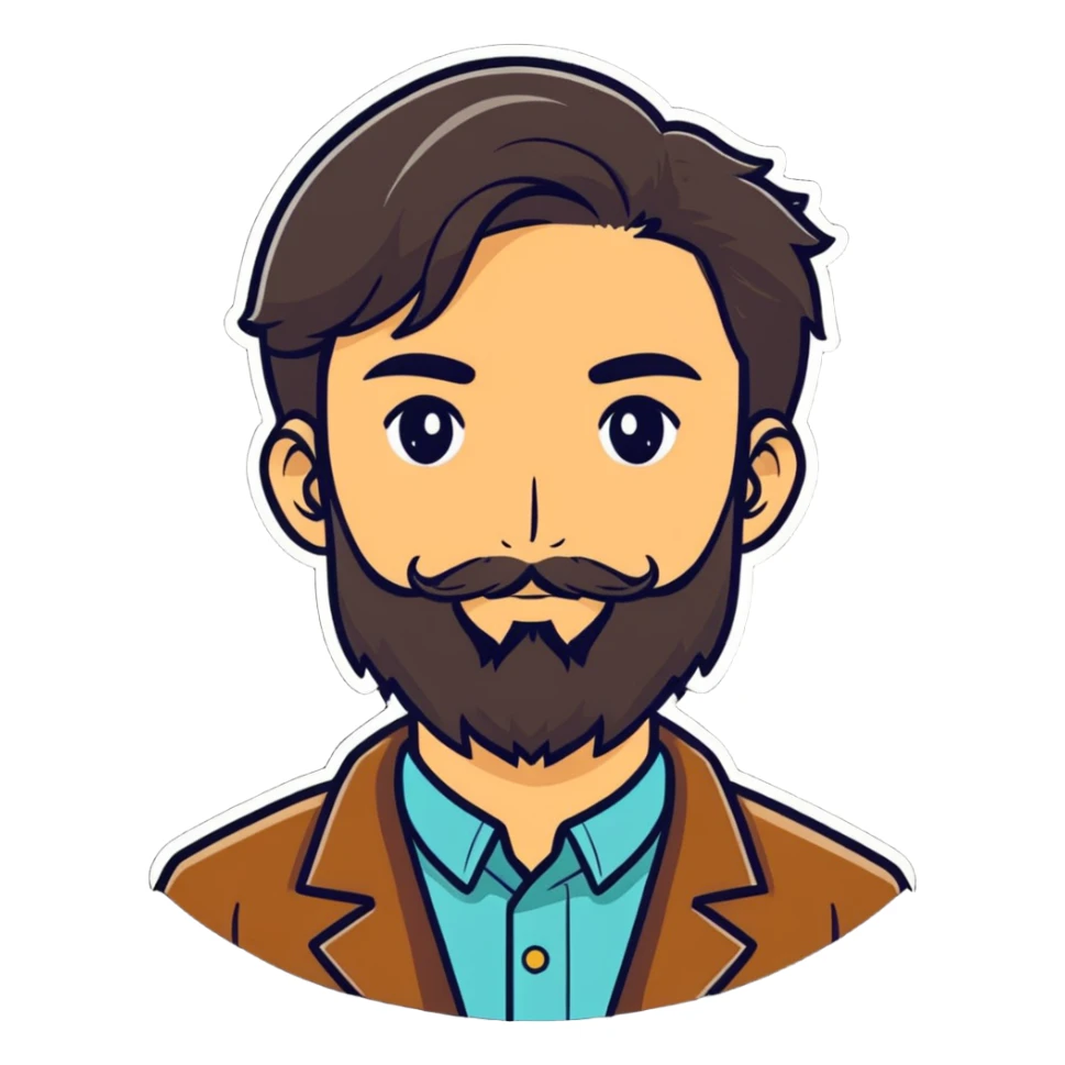 a young geoscientist with a beard, cartoonish sticker style sticker