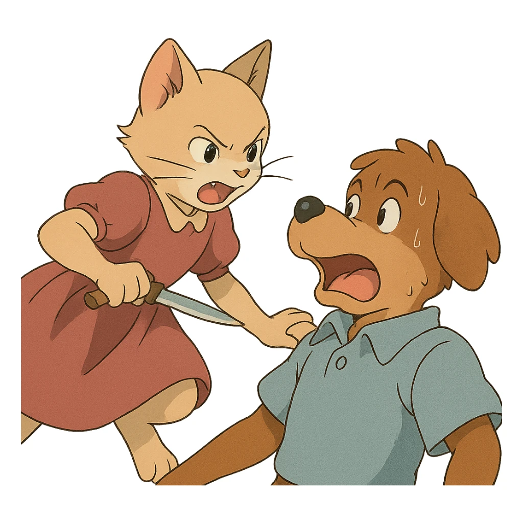 a girl kitty cat holding a knife, attacking a boy dog sticker