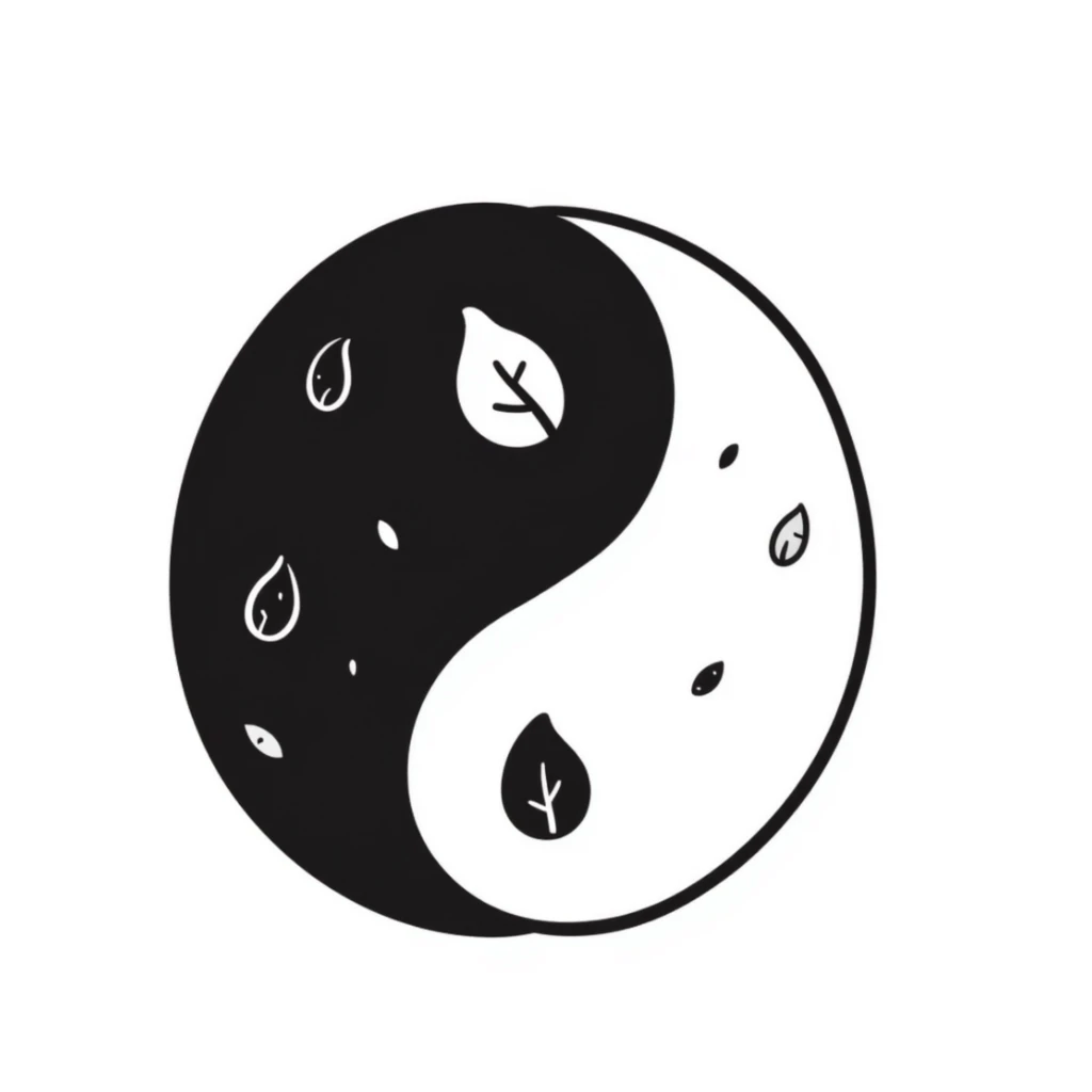 A yin-yang symbol with gentle leaf patterns, representing harmony and balance. Simple hand-drawn doodle style with minimal color. sticker