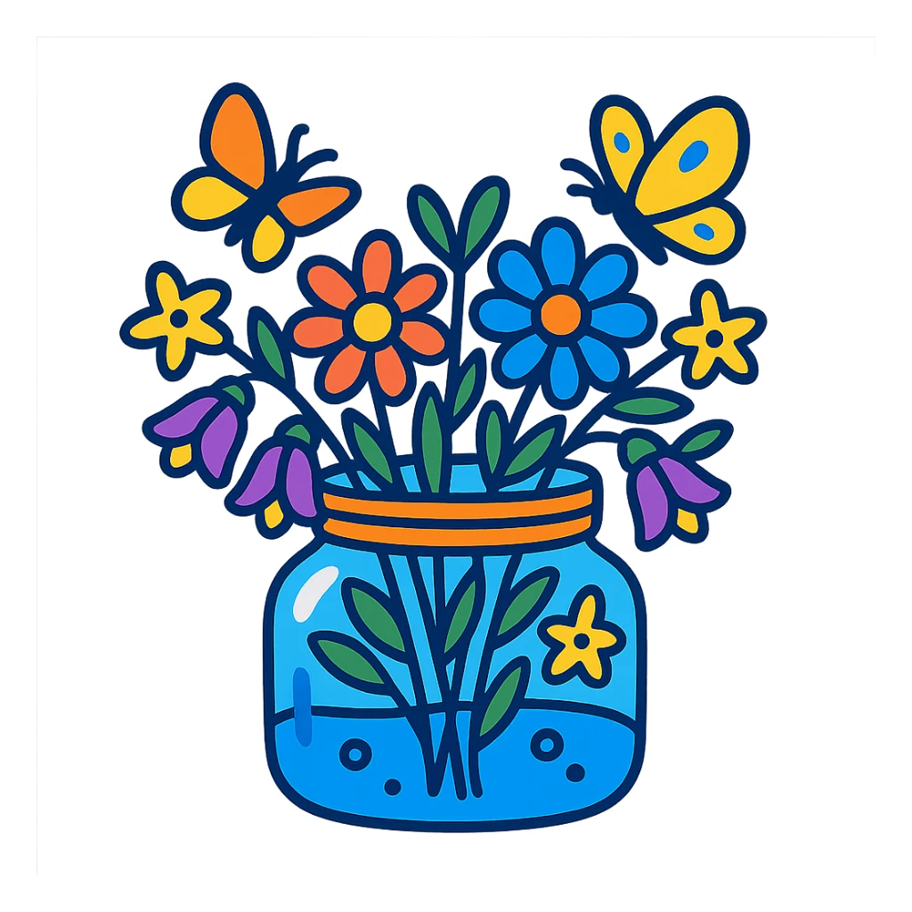 glass jar filled with forest flowers and butterflies, vibrant-toon style sticker