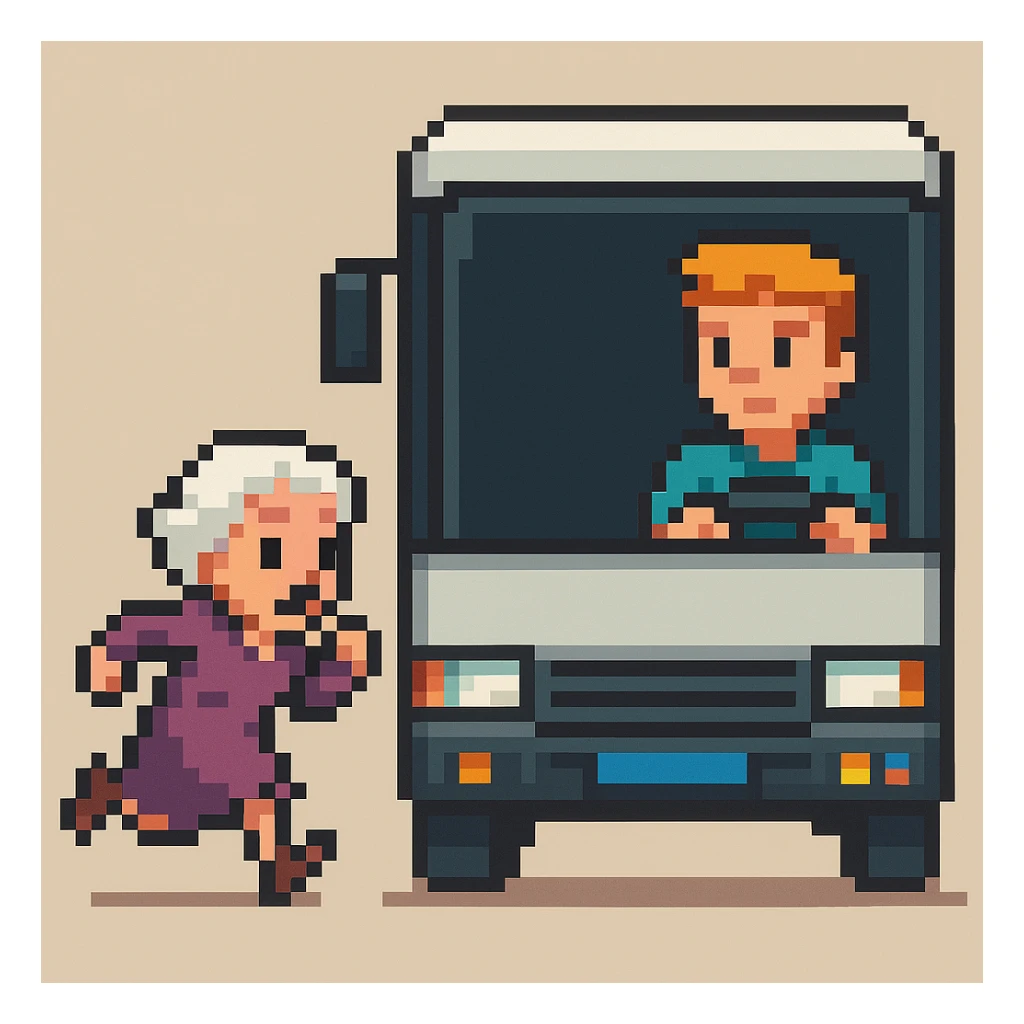 Make it **Pixel Art style**: old lady should run to reach the bus, the driver is man under 30 with orange hair sticker