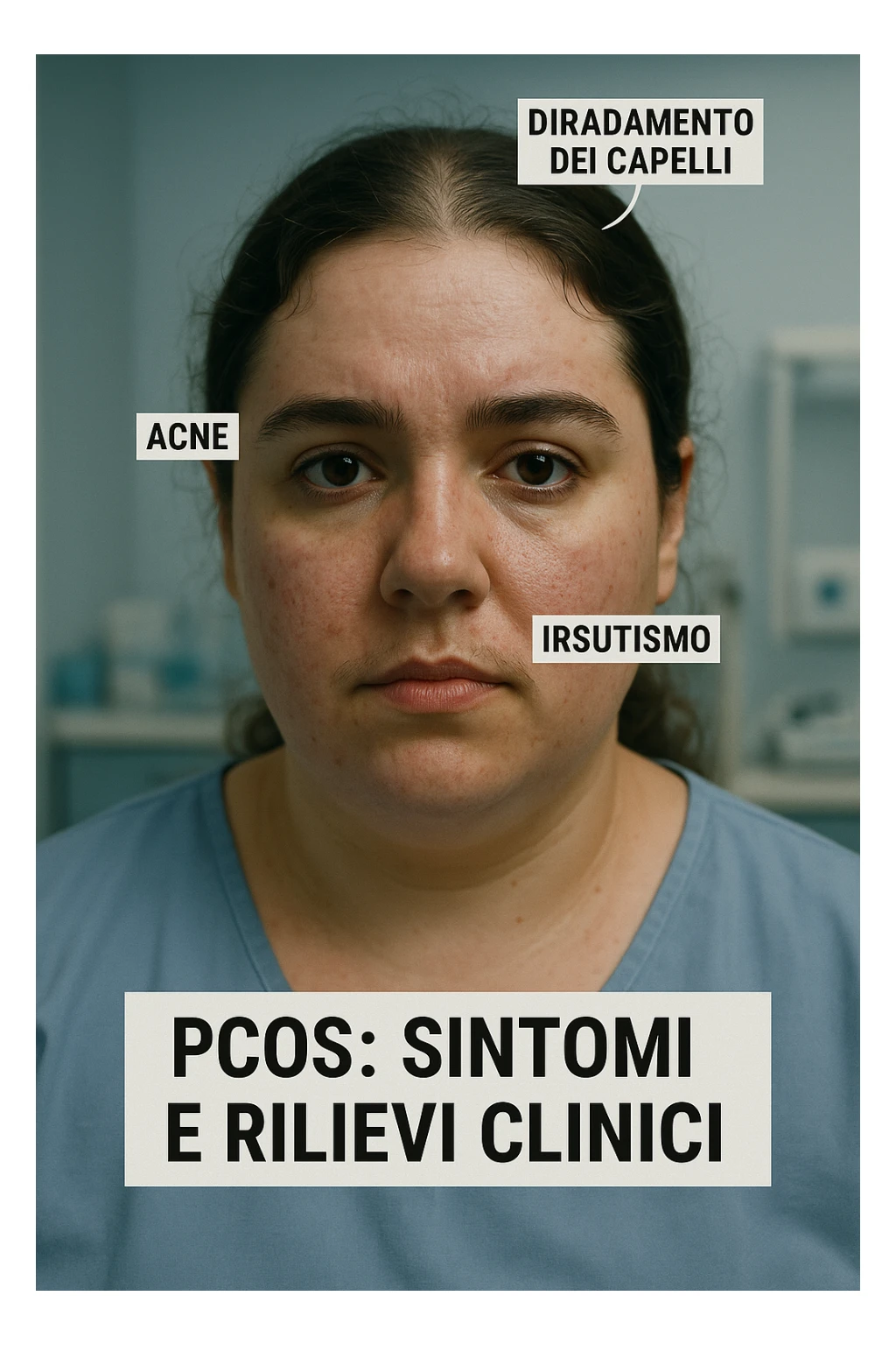 vertical realistic cinematic image: woman with evident PCOS symptoms, clinical atmosphere, realistic details, Italian captions, aspect ratio 2:3 sticker