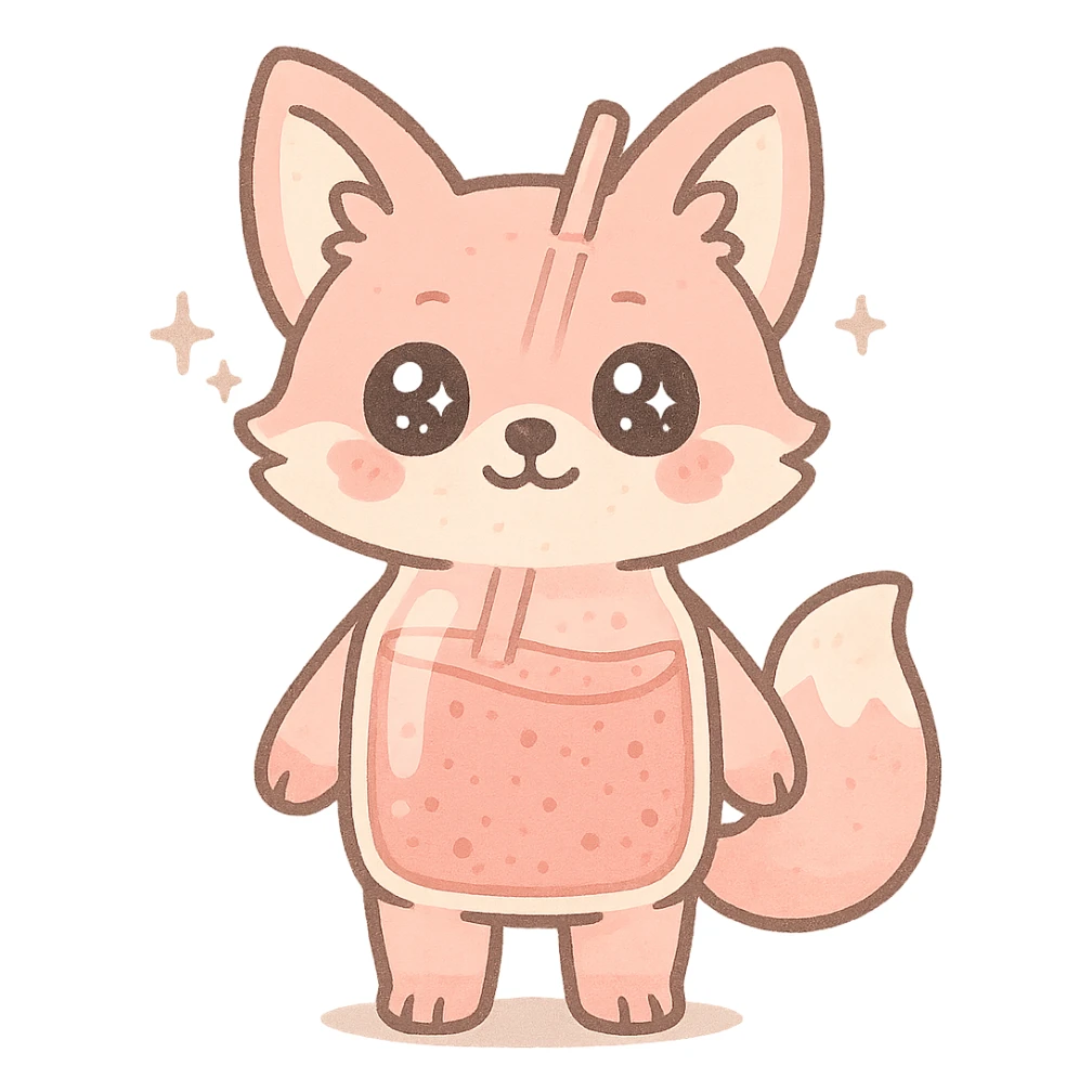full-body cute blender fox with transparent body showing fruity smoothie inside, sparkling eyes, pastel pink color, transparent background sticker
