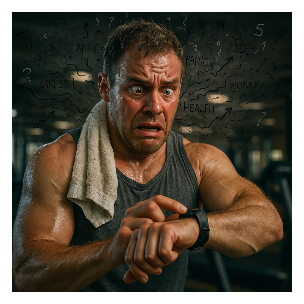 Create a hyperrealistic 4K style image of a muscular man in his 30s obsessively checking his heart rate monitor during cardio. His face is red with overexertion, and he has a gym towel soaked in sweat. Show panic in his eyes. Add visual elements around his head representing chaotic thoughts, anxiety, and mental pressure. The setting is a gym environment. Use a hyperrealistic style with intense detail and emotional expression. sticker