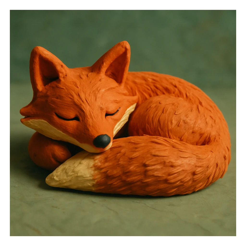 fox curled up sleeping, soft lighting, vibrant colors, detailed fur, claymation style sticker