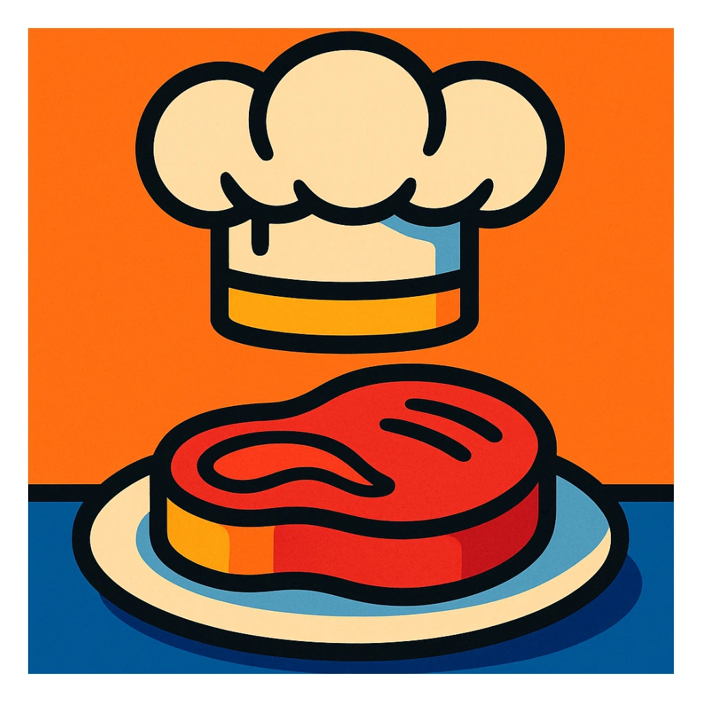 juicy steak on a plate, chef's hat sticker