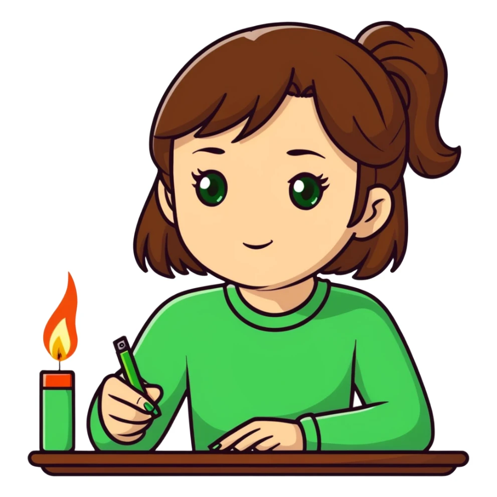 Very happy Girl with brown hair and green eyes with a table lighter  sticker